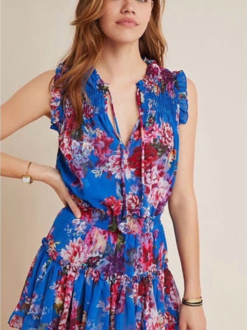 MISA Floral Ruffle Sleeveless Top in Royal Blue